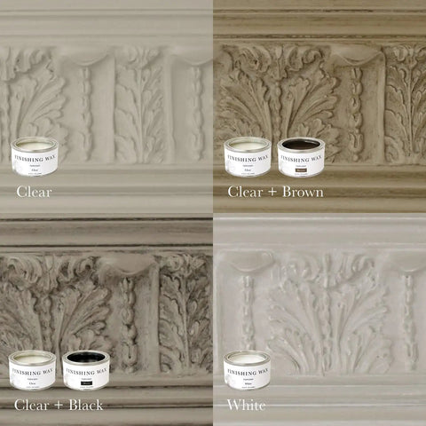 Premium White Finishing Wax Topcoat For Interior Furniture Cabinets Walls And Decor Odor Free Non Hazardous Water Resistant Easy To Apply Whitewash And Limed Finish Create Subtle Depth On Surfaces 500ml shown in white, clear, black, and brown finishes on decorative molding.