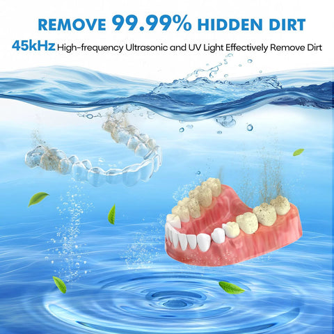 Ultrasonic Retainer Cleaner 45kHz 200ml For Dentures Braces Night Guards Jewelry demonstrating cleaning efficiency underwater