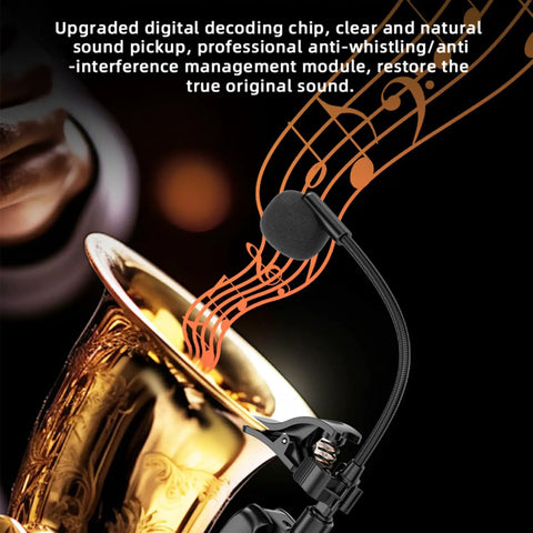 Two Point Four G Wireless Clip On Saxophone And Brass Instrument Microphone System attached to a saxophone