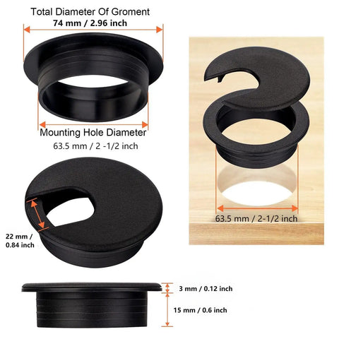 Dimensions and features of 10 Pack Round Desk Grommets For Cable Management, Black Plastic Hole Covers, Wire Organizer Caps, 63.5mm Opening