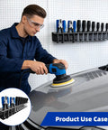 Person using polisher in garage with 2 Pack Wall Mounted Screwdriver Organizer Set For Garage And Workshop Heavy Duty Rustproof Aluminum Tool Racks visible.