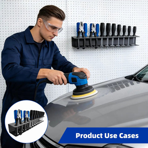 Person using polisher in garage with 2 Pack Wall Mounted Screwdriver Organizer Set For Garage And Workshop Heavy Duty Rustproof Aluminum Tool Racks visible.