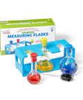 Starter Science Measuring Flasks Set For Kids with red, yellow, blue liquids, storage stand, and brush