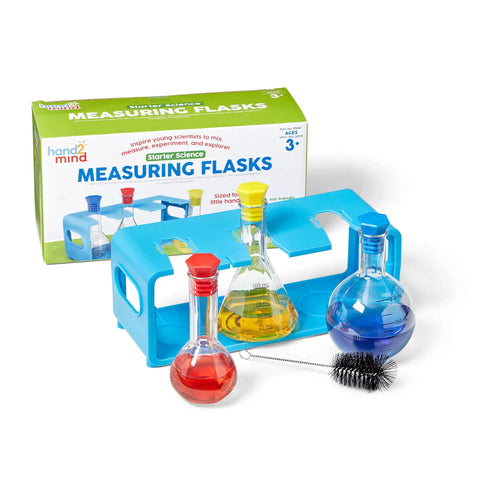 Starter Science Measuring Flasks Set For Kids with red, yellow, blue liquids, storage stand, and brush