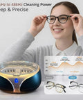 Person holding glasses next to 40W Ultrasonic Jewelry Cleaner With 3 Minute Auto Timer And No Fuss Cleaning, Adjustable 42KHz To 48KHz Deep Cleaning For Gold Jewelry, Glasses, Watches, Mouth Guards And Retainers In A 20Oz Stainless Steel Tank.