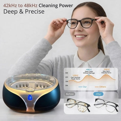 Person holding glasses next to 40W Ultrasonic Jewelry Cleaner With 3 Minute Auto Timer And No Fuss Cleaning, Adjustable 42KHz To 48KHz Deep Cleaning For Gold Jewelry, Glasses, Watches, Mouth Guards And Retainers In A 20Oz Stainless Steel Tank.
