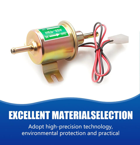 12V Low Pressure Electric Fuel Pump Replacement for Cars and Motorcycles with gold aluminum body and wiring connectors