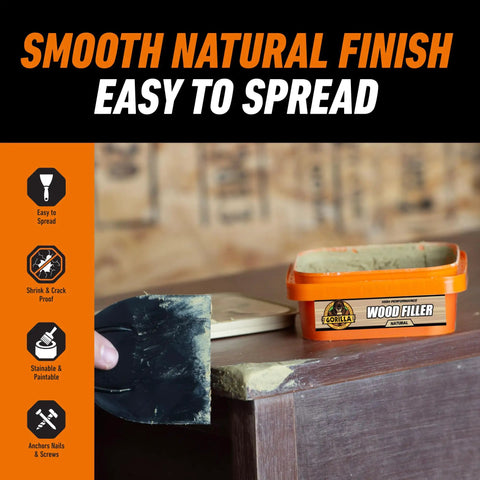 All Purpose Wood Filler Repair Kit With Putty Knife And Sanding Block for DIY home projects, applied on wooden surface