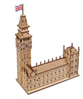 Big Ben 3D Puzzle Kit With 63 Pieces 7.12 Inch Brown Wooden Model Of Parliament Clock Tower DIY Wood Craft For Builders And History Buffs Dope And Easy Addictive Home Display Or Desk Decor. Brown wooden Parliament and Big Ben tower 3D puzzle model with UK flag.
