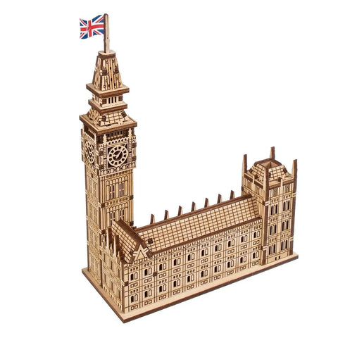 Big Ben 3D Puzzle Kit With 63 Pieces 7.12 Inch Brown Wooden Model Of Parliament Clock Tower DIY Wood Craft For Builders And History Buffs Dope And Easy Addictive Home Display Or Desk Decor. Brown wooden Parliament and Big Ben tower 3D puzzle model with UK flag.