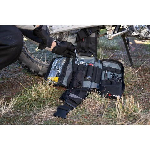 Compact Must Have Trail Saver Tool Kit with tri-fold case, CRV steel tools for Honda CRF150F, outdoor dirt bike repair setup