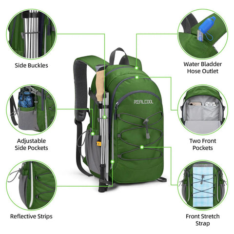 20L Lightweight Hiking Backpack Waterproof Daypack For Camping Ergonomic Breathable Back Panel with features labeled