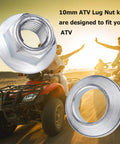 ATV Lockin Lug Nuts Set M10x1.25, 8 Nuts And 8 Tapered Adapters with riders on red ATVs in background
