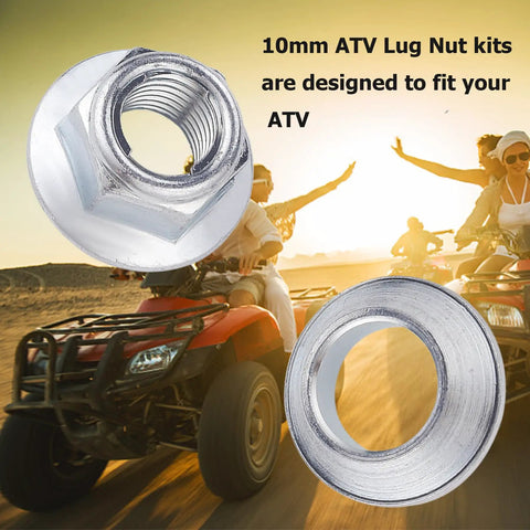 ATV Lockin Lug Nuts Set M10x1.25, 8 Nuts And 8 Tapered Adapters with riders on red ATVs in background