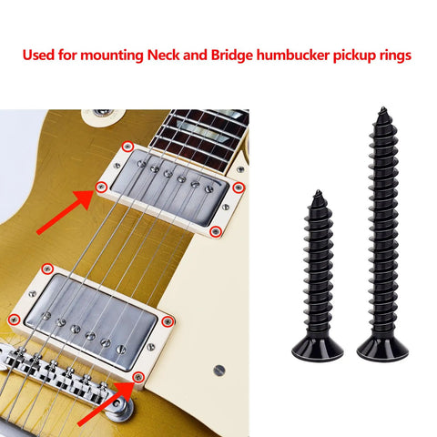 Slick Premium Black Humbucker Pickup Frame Mounting Screws Set Compatible With Gibson Les Paul And Sg Electric Guitars shown with installation on guitar.