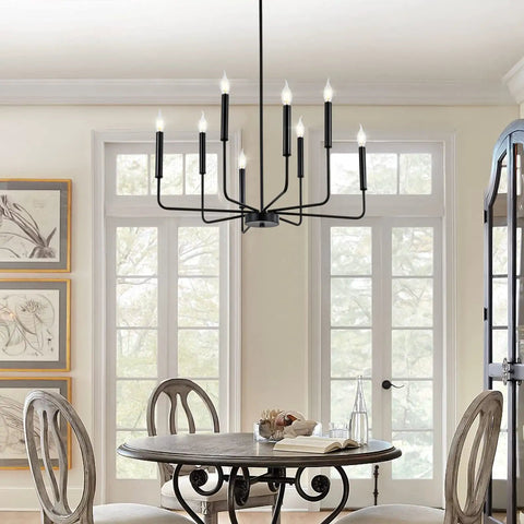 8-Light Modern Black Farmhouse Chandelier With Industrial Metal Arms And Candle-Style Cups, Classic Hanging Pendant Light