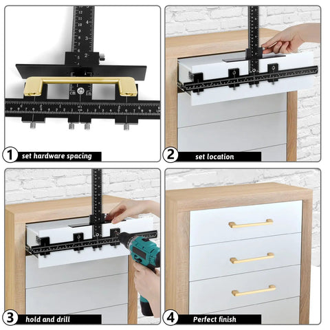 Diy Friendly Adjustable Cabinet Hardware Jig Template for Drawer Handles and Knobs Installation in use on cabinet panel