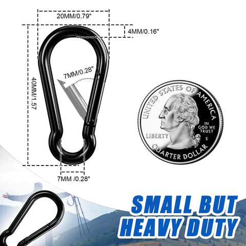1.57 Inch Heavy Duty Carabiner Clip Hook Set Of 10 Black Spring Snap Hooks Keychain with size comparisons