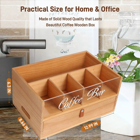 Slick Two Tier Coffee Bar Organizer With Clear Acrylic Window Top And Built In Drawer, Compact Countertop Storage Box for coffee pods and mugs