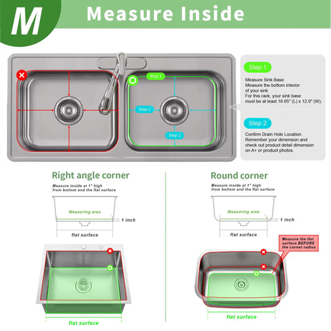Measuring instructions for sink dimensions to fit Badass Heavy Duty 304 Stainless Steel Sink Protector Grid and ensure proper drainage.