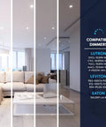 Living room with 3 Inch LED Recessed Ceiling Light Kit With Junction Box, compatible dimmers listed on the side wall.