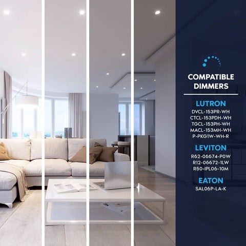 Living room with 3 Inch LED Recessed Ceiling Light Kit With Junction Box, compatible dimmers listed on the side wall.
