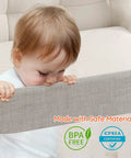 Baby leaning on Queen Size Three Sided Toddler Bed Rail Guard With Dual Button Safety Lock Adjustable For Baby And Kids.