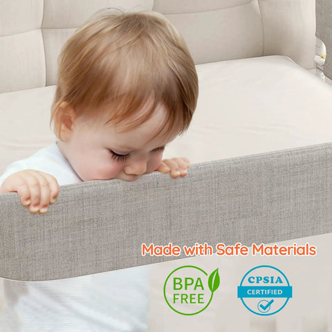 Baby leaning on Queen Size Three Sided Toddler Bed Rail Guard With Dual Button Safety Lock Adjustable For Baby And Kids.