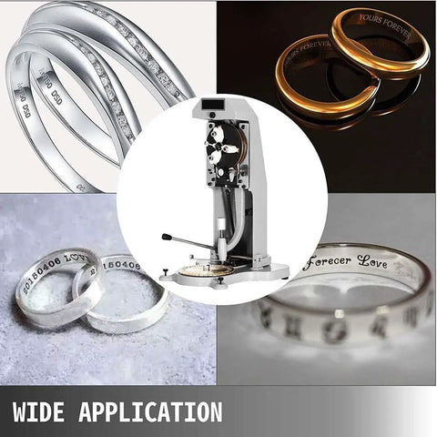 Slick Manual Ring Engraver Featuring A Killer Diamond Tip For Smooth Inside Jewelry Marking with sample engraved rings.