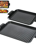 Heavy Duty Nonstick Grill Pan Set For Outdoor Barbecue Cooking Includes Two Durable Carbon Steel Trays, 16.5x10 and 13x7.4 inches.