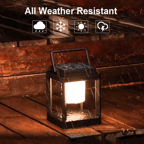 Outdoor Solar Lanterns Waterproof Hanging Lamps Portable Rechargeable LED Nightstand Table Lamp For Garden Patio Yard Lawn And Tabletop, Warm White Eye Caring Light With 3 Way Dimming And Cordless Convenience in rainy outdoor setting