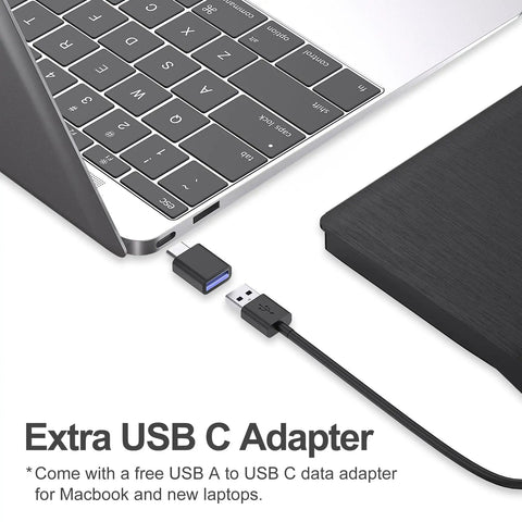Dope External CD DVD Drive for Laptop USB 3.0 CD ROM DVD RW Burner Plug and Play No Driver Needed Portable Optical Drive for Mac and Windows with USB C and USB A Cable USB-C adapter shown