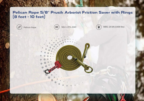 Five Eighth Inch Prusik Pro Grade Arborist Friction Saver With Steel Rings, coiled rope shown with connector clips.