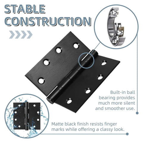Heavy Duty 4 Point 5 Inch Ball Bearing Door Hinges With Square Corners Matte Black Finish showing stable construction and ball bearing.