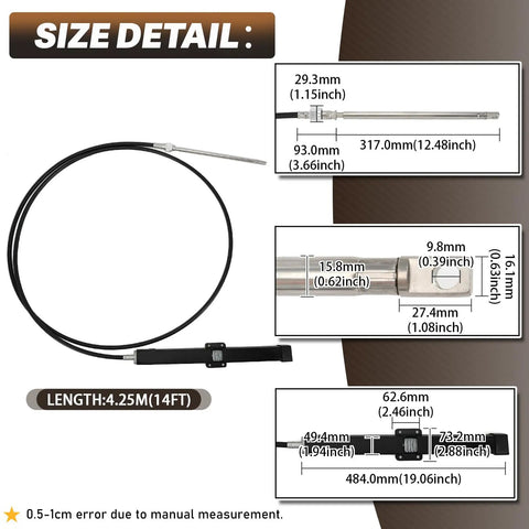 14 Foot Mechanical Rack And Pinion Steering Cable For SeaStar Teleflex Helm Back Mount Systems size details diagram