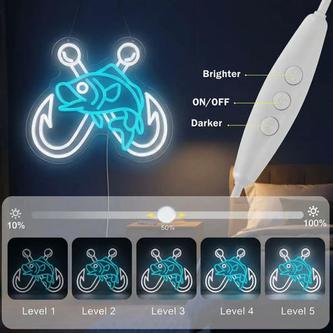 Ice Blue Crossed Fish Hook Neon Sign LED Light Dimmable Wall Decor For Tackle Shops Yachts Man Caves And Fishing Rooms A Dope Gift For Dads Who Live To Fish 17.6 By 13.6 Inches with dimmer and light settings