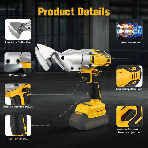 Beefy 221 Ft Lbs Torque Cordless Metal Shears With 360 Degree Pivoting Head For 14 Gauge Sheet Metal Cuts Stainless Steel Iron And Cardboard Heavy Duty Electric Shear Compatible With Dewalt 20V Max Battery Not Included showing features like LED light, non-slip handle