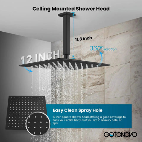 Top Shelf Matte Black Ceiling Mount Shower System With Rock Solid Brass Valve And Slick Handheld Sprayer Game Changing 12 Inch Ultra Thin Rain Head For Upscale Bathroom Makeovers