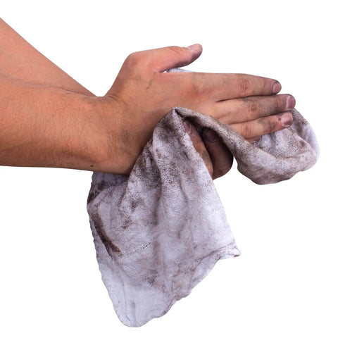 Hands using White 100 Percent Cotton Shop Towels 500 Count Heavy Duty Commercial Industrial B Grade 14 By 15 Inches for wiping grime