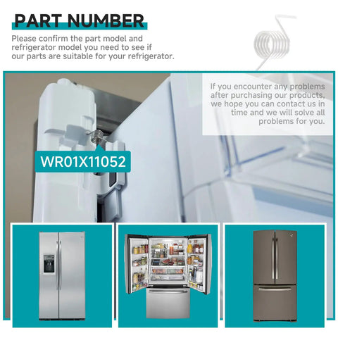 Fridge Door Mullion Spring Hinge Replacement For GE Refrigerators Fits Wide Range Of Models Easy Install Replacement Parts WR01X11052 WR17X25027 Wide Compatibility With GE Models Like GFE28GYNBFS YE18JSLGFSS And More For Simple No Fuss Replacement displayed in diagram with part number WR01X11052 and refrigerator models.
