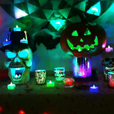 Halloween display with Color Changing LED Tea Lights 24 Pcs Flameless Tealight Candles No Flicker Safe For Kids 7 Color Cycle