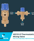Half Inch HG110 Crimp Thermostatic Mixing Valve With Barb Connections And Integral Checks Brass Fitting Front and Side View