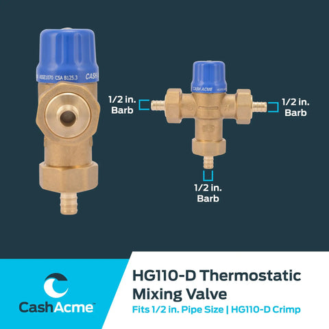 Half Inch HG110 Crimp Thermostatic Mixing Valve With Barb Connections And Integral Checks Brass Fitting Front and Side View