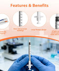 30 Pack U-100 1ml 30G 5/16 Inch 8mm Syringes With Needle, Individually Sealed And Leak-Proof, Sterile Medical Grade For Insulin Dosing And Small Medical Procedures. Syringe in gloved hands with clear markings and sealed packaging.