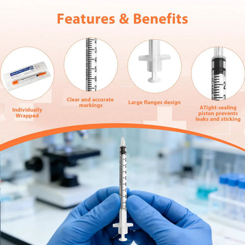 30 Pack U-100 1ml 30G 5/16 Inch 8mm Syringes With Needle, Individually Sealed And Leak-Proof, Sterile Medical Grade For Insulin Dosing And Small Medical Procedures. Syringe in gloved hands with clear markings and sealed packaging.