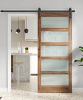 36 By 84 Inches Frosted Glass Sliding Barn Door With Five Panel Design, installed in modern kitchen, showing hardware kit
