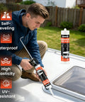 Man applying Four Pack Top Shelf Waterproof RV Roof Sealant High Flow Self Leveling Camper Adhesive on an RV roof.