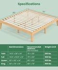 Specifications for Heavy Duty King Size Wood Platform Bed Frame With Bulletproof Rubber Wood Construction.