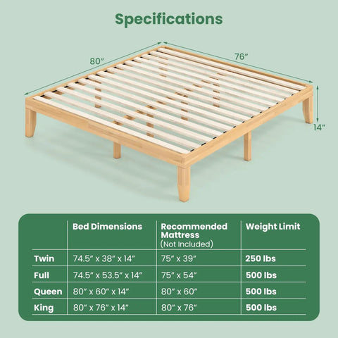 Specifications for Heavy Duty King Size Wood Platform Bed Frame With Bulletproof Rubber Wood Construction.