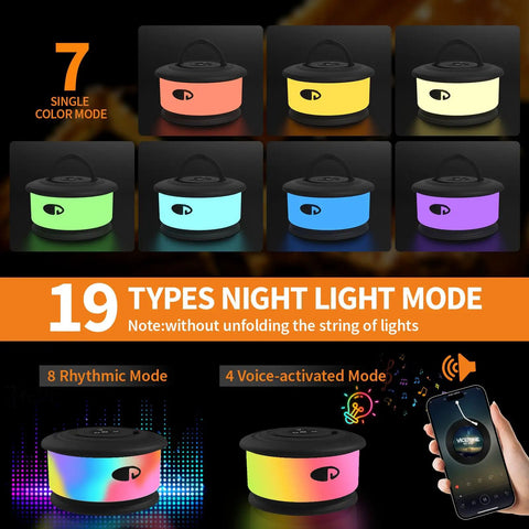7 color modes of 3 In 1 Camping String Lights With Retractable RGB LEDs 19 Lighting Modes Quick 30s Recovery 32.8 Ft Of Outdoor Tent Lighting Portable Rechargeable Lantern For Camping Emergency Flashlight And Work Light shown.